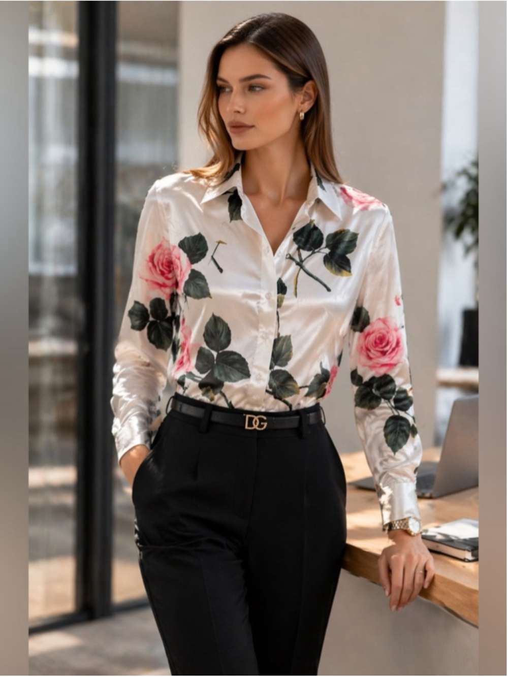 100% Silk Floral Blouse Rose Print Button Down Shirt Women M Dolce gabanna style